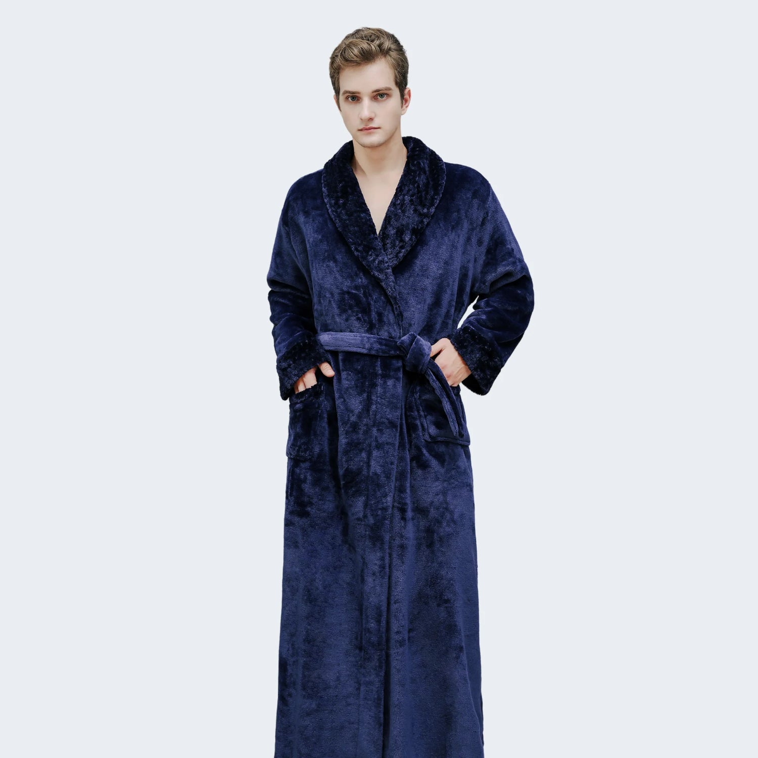 robe de chambre homme longue bleu marine avec doublure polaire matelassée